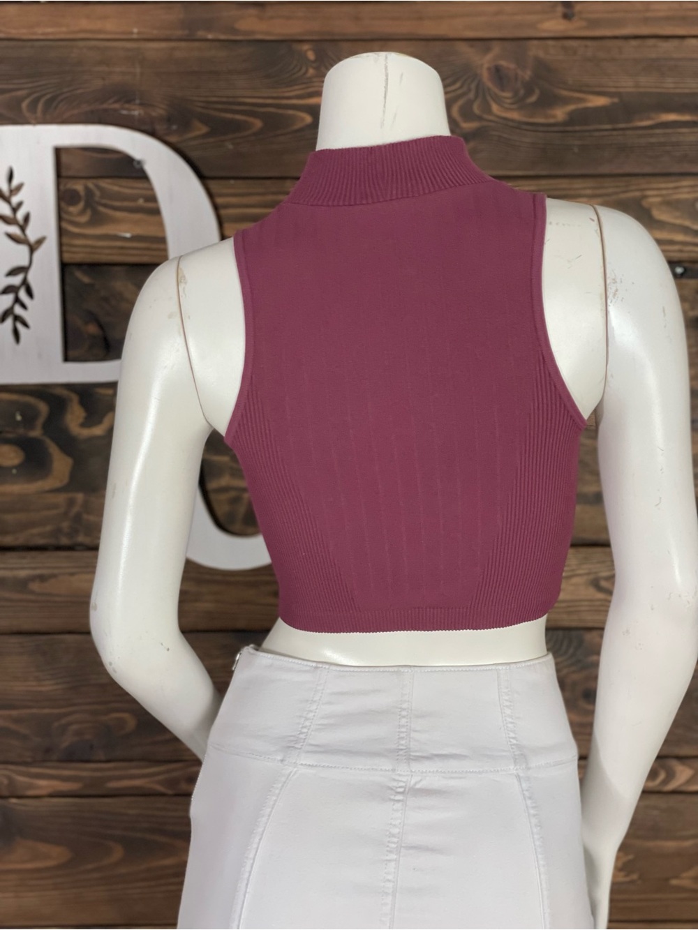 Bozzolo Ribbed Mock Neck Crop Top Mauve Pink Purple Sleeveless SM71865 - Picture 5 of 7